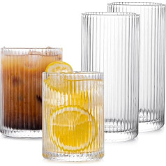 Origami Style Tumblers, Set of 4 Glass Cups, 2 Highball Glasses and 2 Stone Glasses, Elegant Ribbed Vintage Glassware, Iced Coffee Glasses, Ideal for Cocktail, Whiskey, Beer