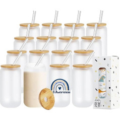 MerryJoy 16 x Sublimation Glass Blanks with Bamboo Lid, Frosted Glass Tumbler with Lid and Straws, Sublimation Glass Blanks for Iced Coffee, Juice, Lemonade, Drinks, Beer, Pack of 16