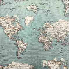 Kt KILOtela - Canvas decorative fabric, home accessories, tablecloths, cushions, curtains, bags, piece: 300 cm length x 280 cm width, Mundi world map, blue - 3 metres