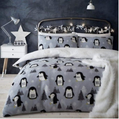 Catherine Lansfield Cosy Penguin Fleece King Duvet Cover Set With Pillowcases, Grey
