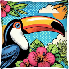 The Beach Stop Decorative Colorful Pop Art Tropical Flower Bird Cushion Cover for Living Room Bedroom Sofa Unique Gift Idea 18x18 Inch Colorful Toucan