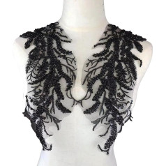 MMvolesy 1 Pair Black 3D Lace Beaded Sequins Flower Mirror Sew On Embroidered Lace Applique Wedding Dress Bridal Headpiece Embellishment Evening Dress Front Chest Back 4x14 Inch