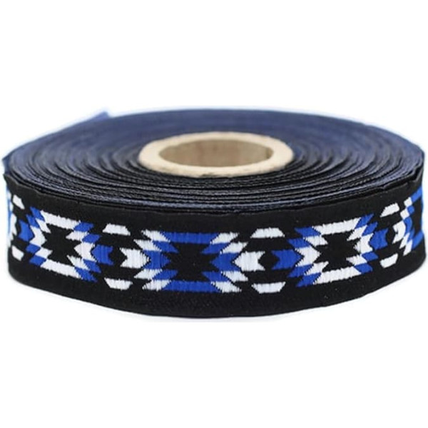 20279 V2 Mosaikband mit Jacquard-Bordüre, bestickter Bordüre, Stoffbordüre, 2 cm breit, 2 cm breit, blau, weiß, schwarz, Mosaikband, bestickt, Bordüre, Stoffbordüre, 9,7 m