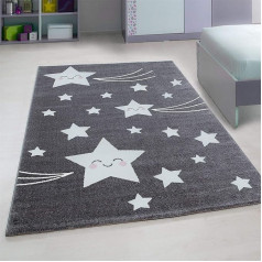 BRAVICH Children's Rug, Blue/Pink/Grey, Pastel Colours, Super Soft, Thick, Non-Allergenic, Nursery Rug, 100% Polypropylene, Grey Stars, 160 x 230 cm (5ft3