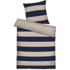 TOM TAILOR Renforcé Bed Linen, 80 x 80 cm + 135 x 200 cm, 100% Cotton/Renforcé, with Reversible Motif and Coloured Branded Zip, Bold Stripes Blue, Beige (Dark Navy & Sunny Sand)