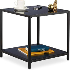 Relaxdays Side Table, Square Coffee Table, Black Glass, Metal & MDF, Modern, Living Room, 50 x 50 x 50 cm, Black