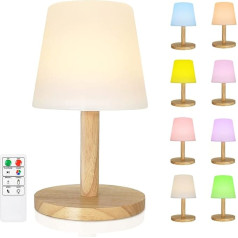 FUYO LED Battery Table Lamp Outdoor Dimmable RGB Warm White Table Lamp with Remote Control USB Rechargeable LED Wireless Table Lamp with Wooden Base for Outdoor Garden Living Room Bedroom Office