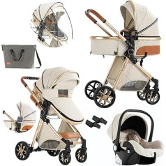 Nine point nine 3-in-1 Pushchair Set with Reversible Double Sliding Mode, Combination Pushchair 3-in-1 with Large Comfortable Baby Carrycot Frame Aluminium Alloy (V9 Creamy White)