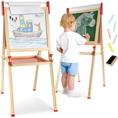 Joya Creative 3-in-1 Children's Wooden Board - Wooden Easel with Chalkboard - Whiteboard and Paper Roll, Magnetic Board and Painting Board for Children - Easel Children for Painting, Height Adjustable