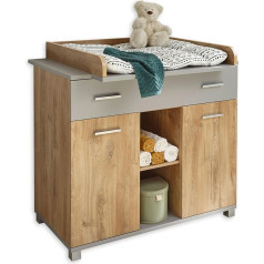 Larissa Practical Baby Changing Table with Changing Mat in Bolton Oak Look / Arctic Grey - Versatile Changing Table with Lots of Storage Space - 107 x 104 x 79 cm (W x H x D)