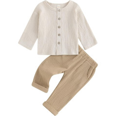 Lerrita Baby Boys Cotton Linen Trouser Suit 2-Piece Clothing Sets for Boys Linen Button Placket Long Sleeve Shirt + Elastic Trousers Baby Boys Cotton Summer Outfits Soft Plain Baby Set