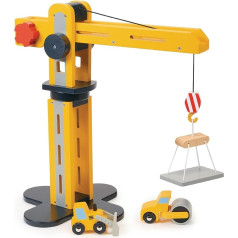 mentari Large Yellow Rotating Wooden Crane Rotating Toy with Construction Vehicles and Moving Parts Imaginative Play