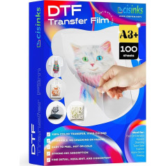 CISinks Hot/Cold Peel DTF 100 Sheets A3+ 13x19 Inch PET Heat Transfer Paper for DIY Direct Printing PreTreat Universal Waterproof Transparency on T-Shirts for Textiles Printing