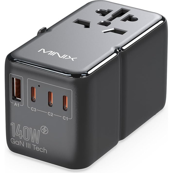 MINIX Universal Travel Adapter, 140W GaN III International Power Adapter, 3 USB-C 2 USB-A Ports, AC Outlet, Worldwide Travel Charger for Laptops, Tablets, Phones and More