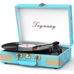 Trynnay Turntable Record Player 3 Speed Bluetooth Portable Case Vinyl Player with Built-in Speakers Turntable Enhanced Audio Sound PU Leather Vintage Blue