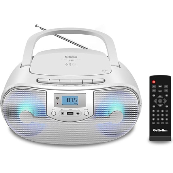 Gelielim CD Player for Home with Remote Control, Portal Bluetooth CD Boombox with FM Radio, USB Playback & Headphone Jack, Microphone Port, Colourful Light, LED Display, CD Player Battery or