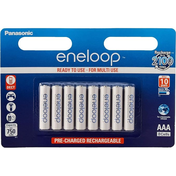 Panasonic eneloop, ready-to-use Ni-MH battery, AAA Micro, 8-pack, min. 750 mAh, 2100 charging cycles, high power and low self-discharge, rechargeable battery, rechargeable battery
