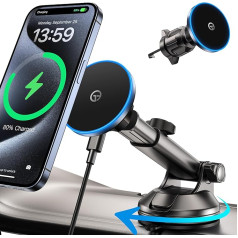 GuMosh Mag-Safe Car Mount with LED Light for Night Orientation Mag-Safe Charger Car Mobile Phone Holder Car with Charging Function for Dashboard Vent Windscreen for iPhone 15 14 13 12 Series