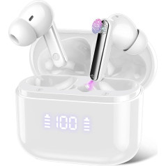 SKIUDCT Bluetooth Headphones, Wireless Bluetooth 5.3, 48 Hours Deep Bass In-Ear Headphones with ENC Noise Cancelling Mic, Wireless Earbuds, IP7 Waterproof LED Display Earphones, White