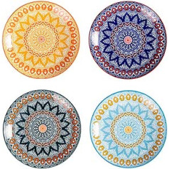 fanquare Colourful Dessert Plates Porcelain Set of 4 Mandala Series Breakfast Plates Salad Plates Bohemian for the Kitchen Microwave and Dishwasher Safe 20 cm