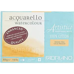 Fabriano Artistico Acquarello Watercolour, Natural White, Fine Grain Cold Pressed, 12.5 x 18 cm, 25 Sheets 300 g/m², High-Quality Artist Watercolour Cardboard, Glued on 4 Sides, Vegan