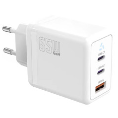 Wall charger 2x usb c + usb a power delivery white, gan 65w