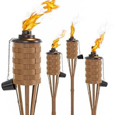 ONETHATCH Citronella Torches (Brown Color, Pack of 4) Bamboo Torch Perfect for Outdoor Lighting, Luau, Summer Parties and Garden Decoration Wide Metal Container 60