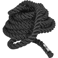 GORILLA SPORTS® Battle Rope - Länge 15 m, Ø 38mm/50mm, rutschfeste Gummigriffe, Nylon, Schwarz - Trainingsseil, Sportseil, Springseil, Schwungseil, Schlachtseil, Schlagseil, Fitnessseil, Tauziehen