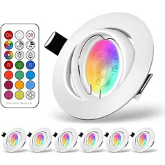 RGB LED Recessed Ceiling Spotlight, 5W RGB Lamps Recessed Spotlight, Remote Control Dimmable, Cool White Lighting and Coloured Lighting, Round, White, Adjustable (Pack of 6)