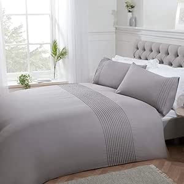 Sleepdown Pintuck Pleated Stripe Silver Luxury Easy Care Soft Cosy Duvet Cover with Pillowcases Super King (220x260cm) Polycotton