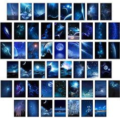 Blue Photo Space Collage Kit, 50 Pieces Galaxy Starry Sky Wall Art 4 x 6 Inches Mazarine Outer Universe Night Poster Pictures Aesthetic Prints Room Decor for Boys Girls Bedroom Dorm Nature Nebula