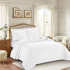 Prime Linens Inspiration Quilted Bedspread Embossed Pattern Bed Throw with Pillow Case (White, King, 3-Piece)