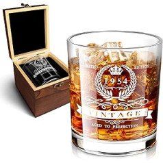 70th Birthday Whiskey Glass for Men, 1954 Whiskey Glass in Precious Wooden Box, Vintage 1954 Anniversary Etched 12oz Whiskey Rocks Glass for 70 Year Old Dad, Husband, Boyfriend, 70th Birthday