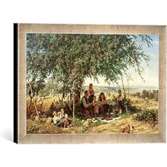 Framed Picture by Theodor Schüz Midday Prayer at Harvest, Art Print in High-Quality Handmade Picture Frame, 40 x 30 cm, Silver Raya