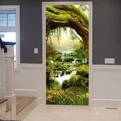 A.Monamour Door Wallpaper Self-Adhesive Door Poster 3D Mysterious Green Jungle Trees Streams Rainforest Natural Landscape Vinyl Film Door Decoration Wallpaper Wall Picture Door Sticker Door Tattoo 77