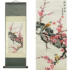 Silk Scroll Painting Asian Wall Decoration Silk Painting Birds and Flowers - Plum Blossoms Five Blessings Chinese Art Wall Roll Hanging Picture Roll Oriental Decor (93 x 30 cm)