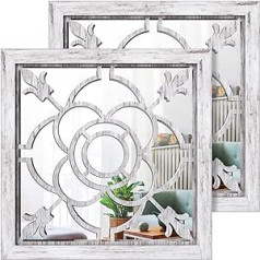 ART-GIFTREE Wall Mirror, Square Decor, Pack of 2, Farmhouse Mirror, Wood, 30 x 30 cm for Living Room, Hallway, Entrance, Outdoor Garden Mirror for Walls (Shabby Whitewashed Wood)