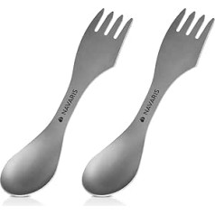 Navaris 3-in-1 Titanium Camping Cutlery Set of 2 - 2 x Outdoor Spork - Knife Spoon Fork with Bag - Cutlery Combination - Travel Cutlery in Grey