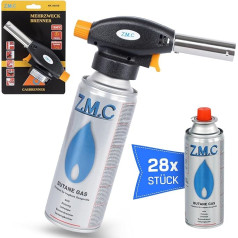 Z.M.C Gas Burner + 28 x Gas Cartridges 227 g, Flambé Burner up to 1300 °C, Bunsen Burner Soldering Torch 1.3 KW, Kitchen Burner with Adjustable Flame, Flame Device