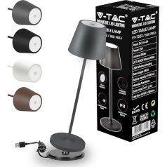 V-TAC Dimmable LED Table Lamp Wireless with Touch Control - Rechargeable Grey Lamp for Indoor and Outdoor Use - Outdoor IP54 - Home Restaurant - 4400 mAh Battery - Warm White 3000 K