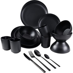 Camping Crockery Set Melamine Black for 4 People with Cutlery Black - 32 Pieces - Camping Tableware and Cutlery Set