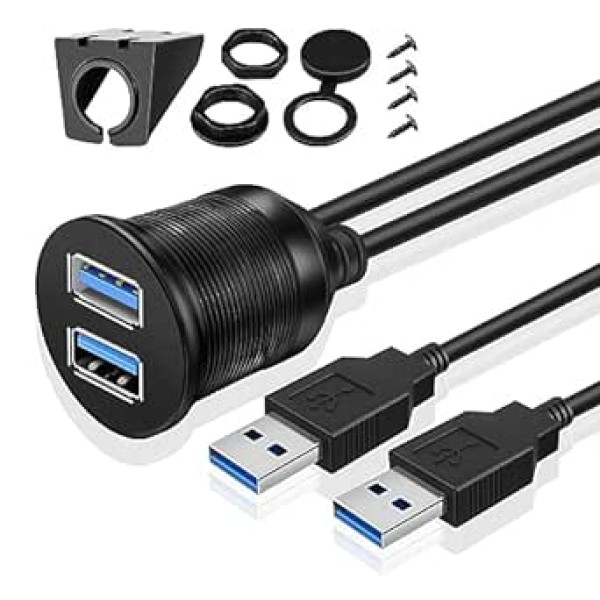 TNP USB Einbaubuchse Kabel - 2m, Kfz USB 3.0 Einbau Buchse Kabel, USB Verlängerungskabel, runder USB Armaturenbrett Kabel, 2X Stecker auf 2X Buchse Adapter für Auto, LKW, Boot, Motorrad, schwarz