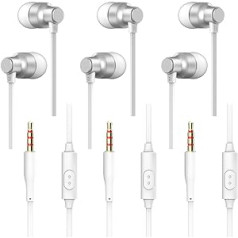 lyfLux In-Ear Headphones with Remote and Microphone, 3 Pack Stereo Sound Headphones with Heavy Bass for Smartphones, Laptops, Gaming, Fits 3.5mm Interface Device (White)