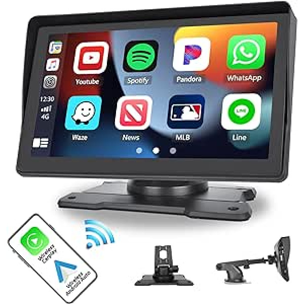 12V-26V Wireless Carplay Digital Multimedia Display, 7 Inch Touchscreen Portable Car Radio with GPS Bluetooth FM Radio Receiver TF USB Mirror Link