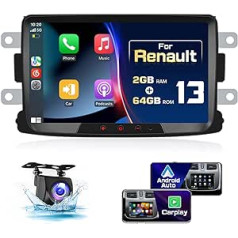 2G 64G Android 13 Car Radio 2Din Carplay with Sat Nav for Renault Dacia Duster Sandero Logan Dokker 8 Inch Car Radio Stereo with Bluetooth Hands-Free System Android Car RDS HI-FI WiFi Reversing Camera