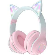 OHAANYY Children's Bluetooth Headphones, Cat Ears, Foldable Girls Headphones, Over Ear, Children's Headphones, Bluetooth Wireless with LED Light, Cat Ears and Microphone for School, Tablet, Mobile