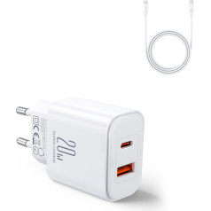 USB-A USB-C PD 20 W sienas lādētājs + USB-C kabelis JR-TCF05 balts