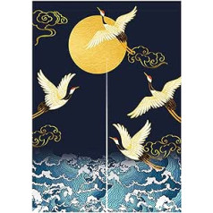 LIGICKY Japanese Style Thick Noren Long Curtain, Double-Sided Print Door Curtain, Room Divider, Tapestry for Home Textiles, 85 x 120 cm, Blue (White Crane Sea Waves and Moon)