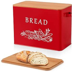 Joyfair Bread Bin, Metal Bread Bin with Bamboo Chopping Board Lid, Extra Large Red Bread Holder for Kitchen Worktop, Bread Storage Container for 2 Breads, Space Saving and Farmhouse Style