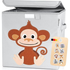 Elb Finesse ® Children's Storage Box, Cute Animal Worlds Motifs, Extra Sturdy Toy Box with Lid for Children's Room, Toy Box (33 x 33 x 33) for Storage, Organiser Box, (Alfi Monkey)